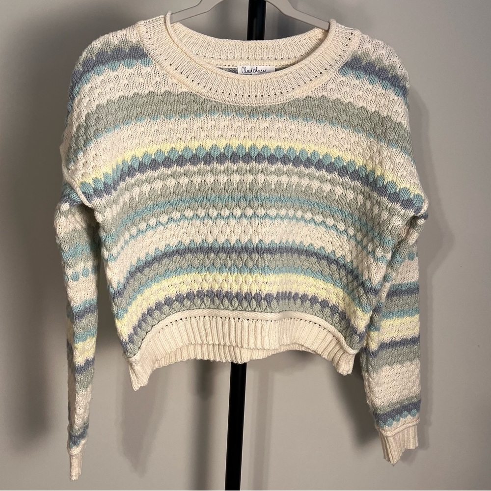Cloud‎ Chaser Textured Striped Sweater  Cropped Cream, Blue, Yellow Small